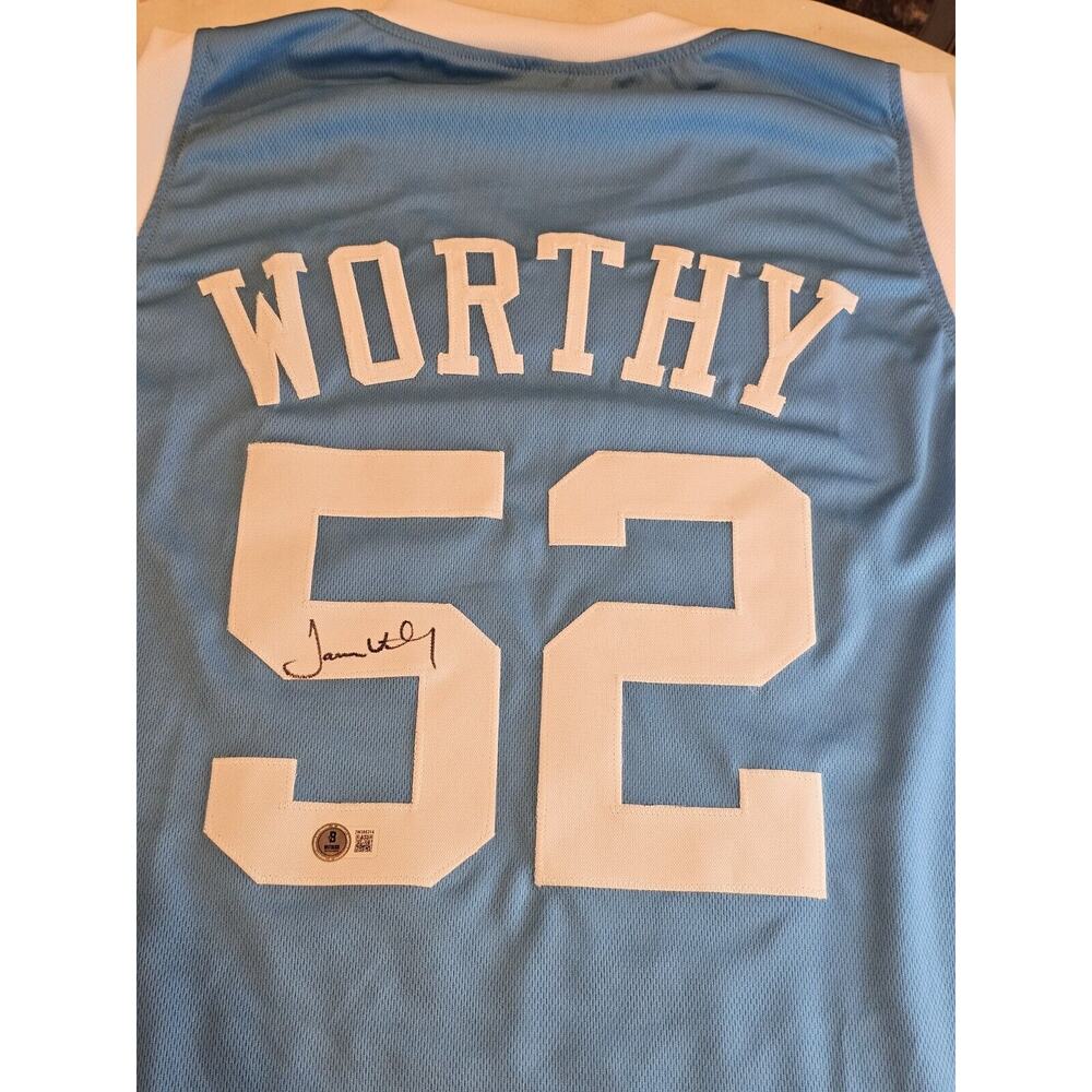 James Worthy Autographed/Signed Jersey Beckett Sticker Blue Custom Jersey